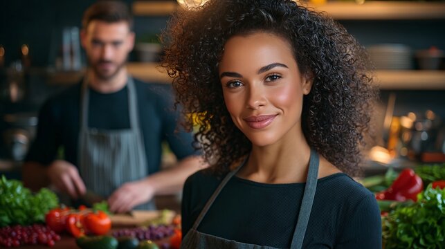 Couple Preparing Fresh Ingredients Together in a Cozy, Vibrant Kitchen Scene - Powered by Adobe