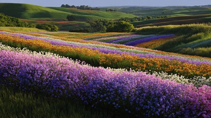 Obraz premium Colorful Spring Meadow with Blooming Wildflowers Spanning Across Rolling Hills