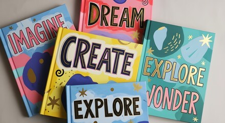 Fototapeta premium Flat Lay of Colorful Whimsical Abstract Books with Hand-Drawn Typography and Gold Foil Accents | Creative Still Life Photo