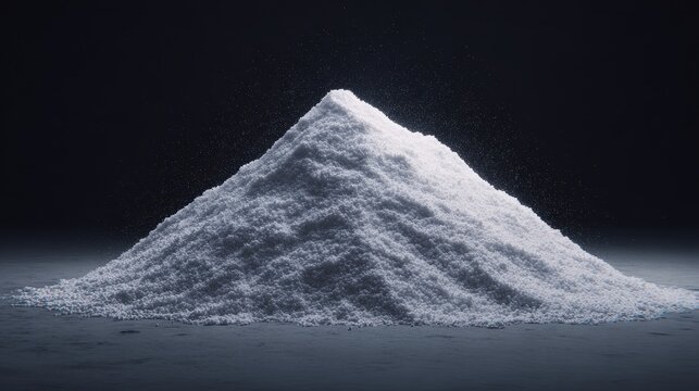 Dramatic White Powder Mound, Starkly Lit on Dark Background, Highlighting Fine Texture and Conical Shape.