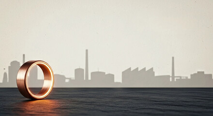 A brushed copper ring glowing faintly with regenerative energy on dark slate. Clean matte parchment space above makes this symbolic of circular economies and sustainable industry.