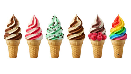 Ice cream cones on isolated background. Generative AI, collection of delicious ice cream in waffle cone, isolated on transparent background cutout, png different flavors mockup for design	