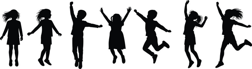 Children silhouettes jumping, kids playing and dancing, happy childhood moments, black and white vector illustration, joyful people clipart, active lifestyle art, fun design