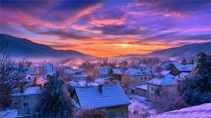 Tranquil Snowy Village in Valley Under Vibrant Sunrise Sky with Misty Hills