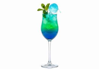 Fototapeta premium Dynamic Blue and Green Gradient Cocktail with a Splashing Ice Sphere and Mint Garnish