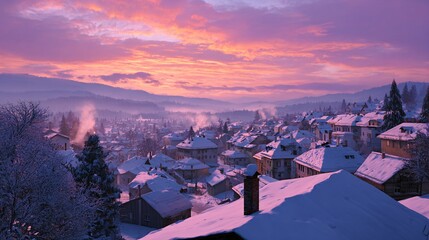 Serene Snowy Village in a Valley with Vibrant Winter Sunset Sky