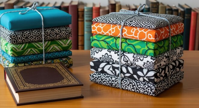 Stacks of patterned fabric bundles and old book on wooden table - Powered by Adobe