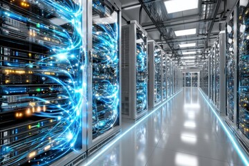 Obraz premium Server Room with Blue Data Flow Visualization