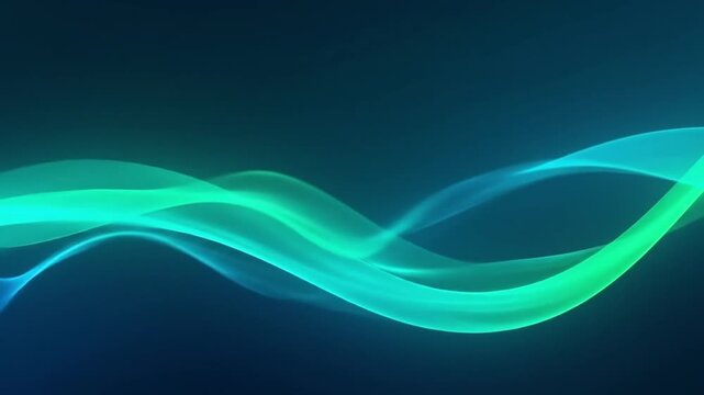 Abstract flowing waves of light in shades of green and cyan on a dark blue background.