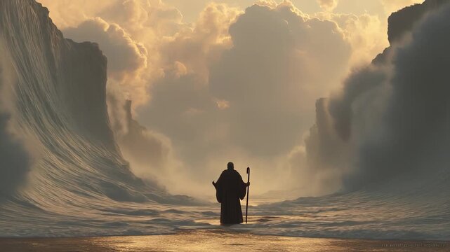 Staff firm in hand, Moses commands Red Sea. Ocean becomes parted sea. Waves rise into wall of water. Biblical prophet walks path of miracle. Ocean held still. Waves silent. Staff leads through sea.