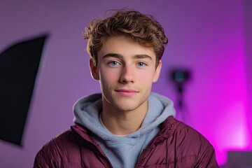 Young Male Youtuber Filming Video in a Studio with Colorful Lighting