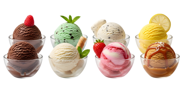 Ice cream scoop ball on transparent background cutout, colorful ice cream scoop in bow, top view. PNG file. Many assorted different flavour Mockup template for artwork design. - Powered by Adobe