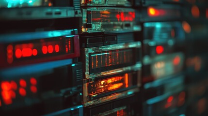 Obraz premium Server racks displaying digital data and network activity