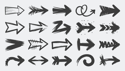 Collection of grungy hand-drawn arrow icons for dynamic digital and print design projects