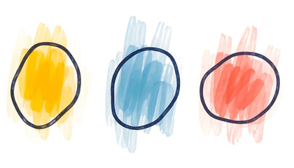 Abstract colorful organic shapes with hand-drawn outlines and painted watercolor textures on a clean white background, modern minimalist art