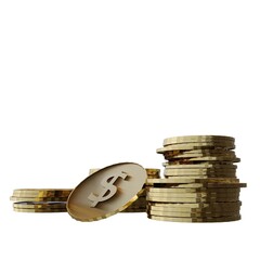 Stacks of Golden Dollar Coins – 3D Render, Wealth and Investment Concept Isolated on White