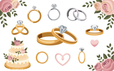 Wedding Rings, Cake & Love Elements Pack vector on white background
