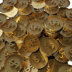 Stacks of Golden Dollar Coins – 3D Render, Wealth and Investment Concept Isolated on White