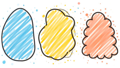 Three vibrant hand-drawn abstract shapes with marker textures and colorful scattered dots, creating a playful doodle background.