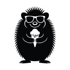 Cute black silhouette hedgehog wearing sunglasses holds ice cream cone enjoying summer treat silhouette