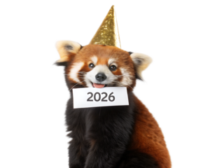 A red panda wearing a party hat holding a sign that says the year twenty twenty six on a black background