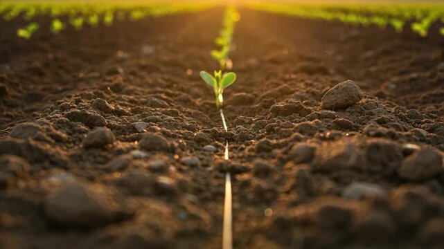 Sunrise over young soybean plants in a field