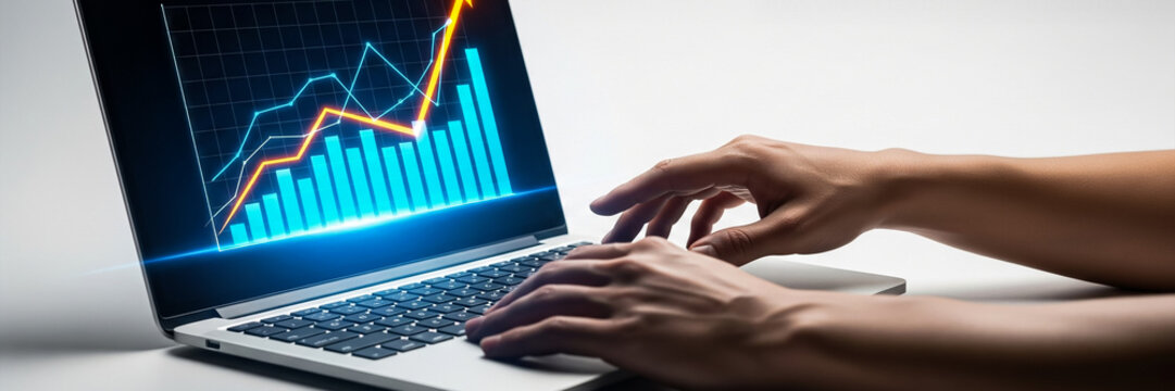 Hands typing on a laptop keyboard displaying a glowing financial chart with a rising trend - Powered by Adobe