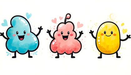 Three joyful watercolor cartoon blob characters with smiling faces and hearts on white background, perfect for kids' designs