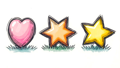Whimsical Hand-Drawn Cartoon Symbols with Heart and Stars, Featuring Playful Marker Art Style on White Background