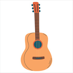 Obraz premium A simple acoustic guitar with a light wood finish and six strings. The guitar has a round sound hole and a smooth body shape.