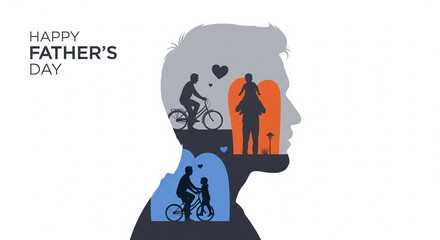 Happy Father's Day conceptual illustration. Double exposure silhouette of a father's head filled with loving memories of bonding with his child, riding a bike and playing together.