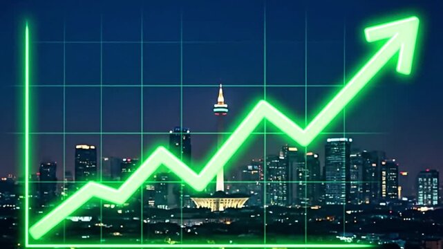 Video, stock charts, finance, high crypto, rising, green, background of Monas Jakarta, Indonesia, market