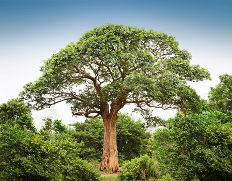 Majestic Dalbergia sissoo (Indian rosewood) tree with a wide spreading crown and sturdy trunk, thriving in a lush green forest under clear blue sky, symbol of strength and natural beauty.