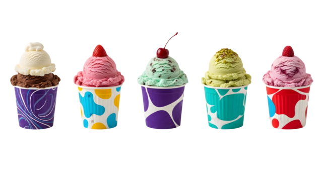 Ice cream scoop ball on transparent background cutout, colorful ice cream scoop in bow, top view. PNG file. Many assorted different flavour Mockup template for artwork design.