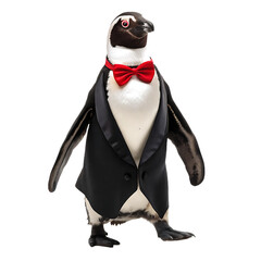Fototapeta premium A penguin wearing a tuxedo and a red bow tie standing on a white background looking to the right side