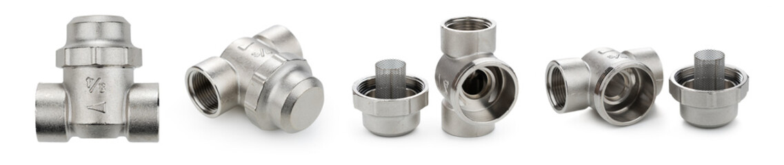 Coarse water filter for plumbing works isolated on white background