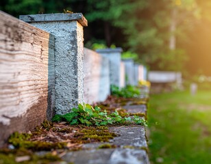 Sunlit rustic fence with ivy and moss evokes peaceful country charm, perfect for nature-inspired designs and tranquil outdoor scenes, adding warmth and depth
