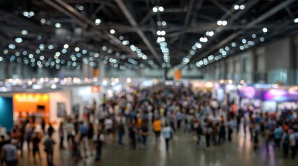 Crowd gathers at international event with blurred background showcasing activities and booths
