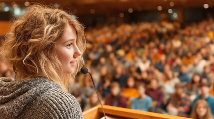 Confident young woman speaker standing at the podium with a microphone during a public conference