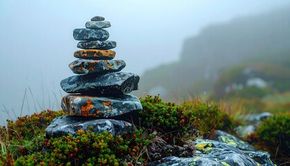 A balanced stone stack stands tall in foggy, mountainous terrain with plants