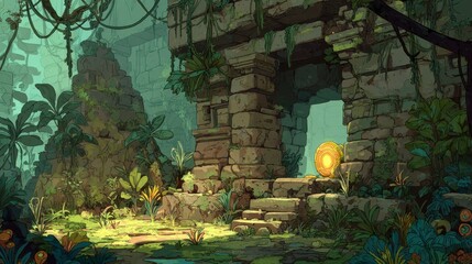 Ancient Ruins with Vibrant Vegetation and Mystical Glow in a Tropical Jungle Setting