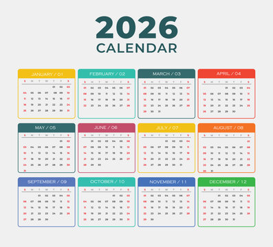 Calendar 2026 year - vector illustration. Week starts on Monday. Calendar Set for 2026 year.  Colorful Yearly Wall Calendar Template Layout 2026