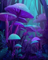 Enchanted Forest with Glowing Mushrooms and Lush Ferns in Mystical Atmosphere