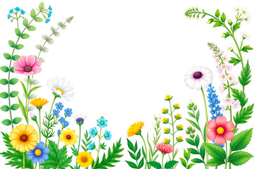 Fototapeta premium Watercolor Floral Border with Wildflowers and Greenery on White - Bright, Hand-Painted, and Ideal for Spring or Summer Designs 