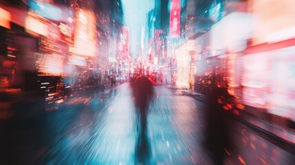 Person walking through vibrant city motion blur street lights