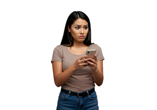 Young woman shocked and worried at smartphone isolated on white background