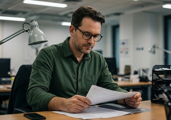 Fototapeta premium Professional Man Reviewing Documents at Office Desk