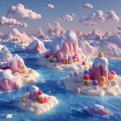 Dreamy Ice Cream Islands with Whimsical Clouds and Colorful Treats by Serene Water Landscape