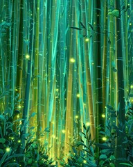 Enchanted Bamboo Forest with Soft Glow and Magical Light Effects in Vibrant Green Shades