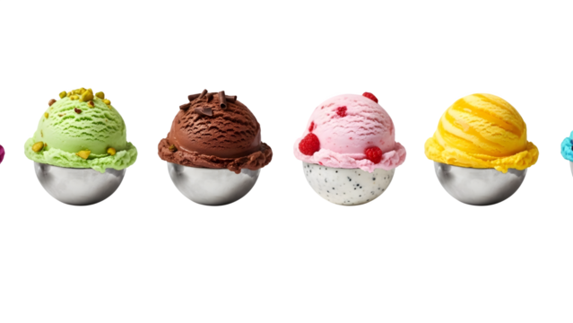 Ice cream scoop ball on transparent background cutout, top view. PNG file. Many assorted different flavour Mockup template for artwork design.	